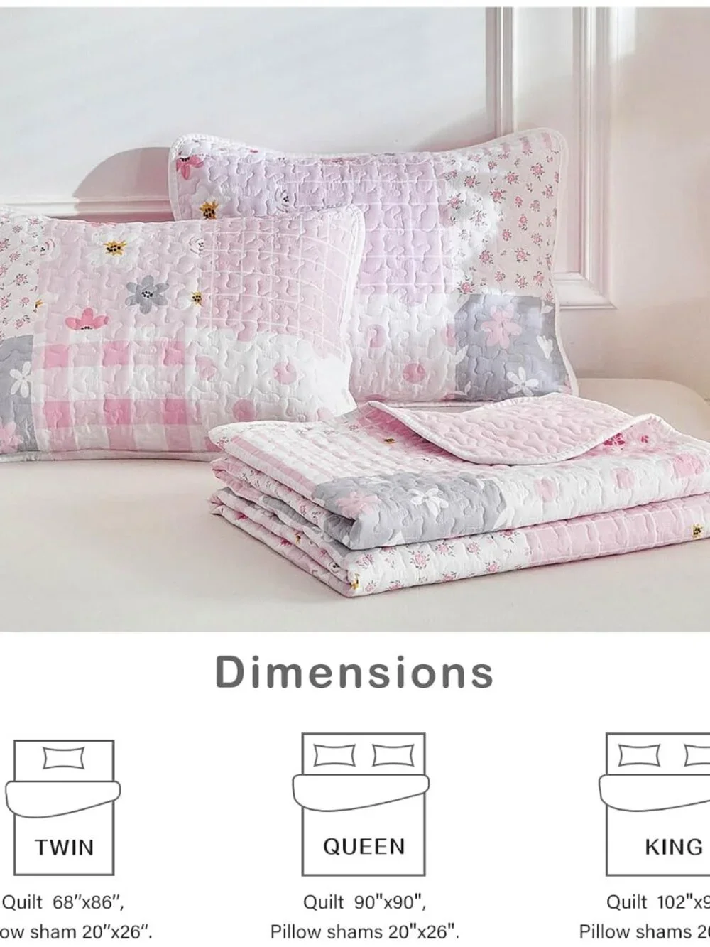 Floral Patchwork Quilt Set Twin Size, 2 Pieces Pink Flower Plaid Bedspread Cover